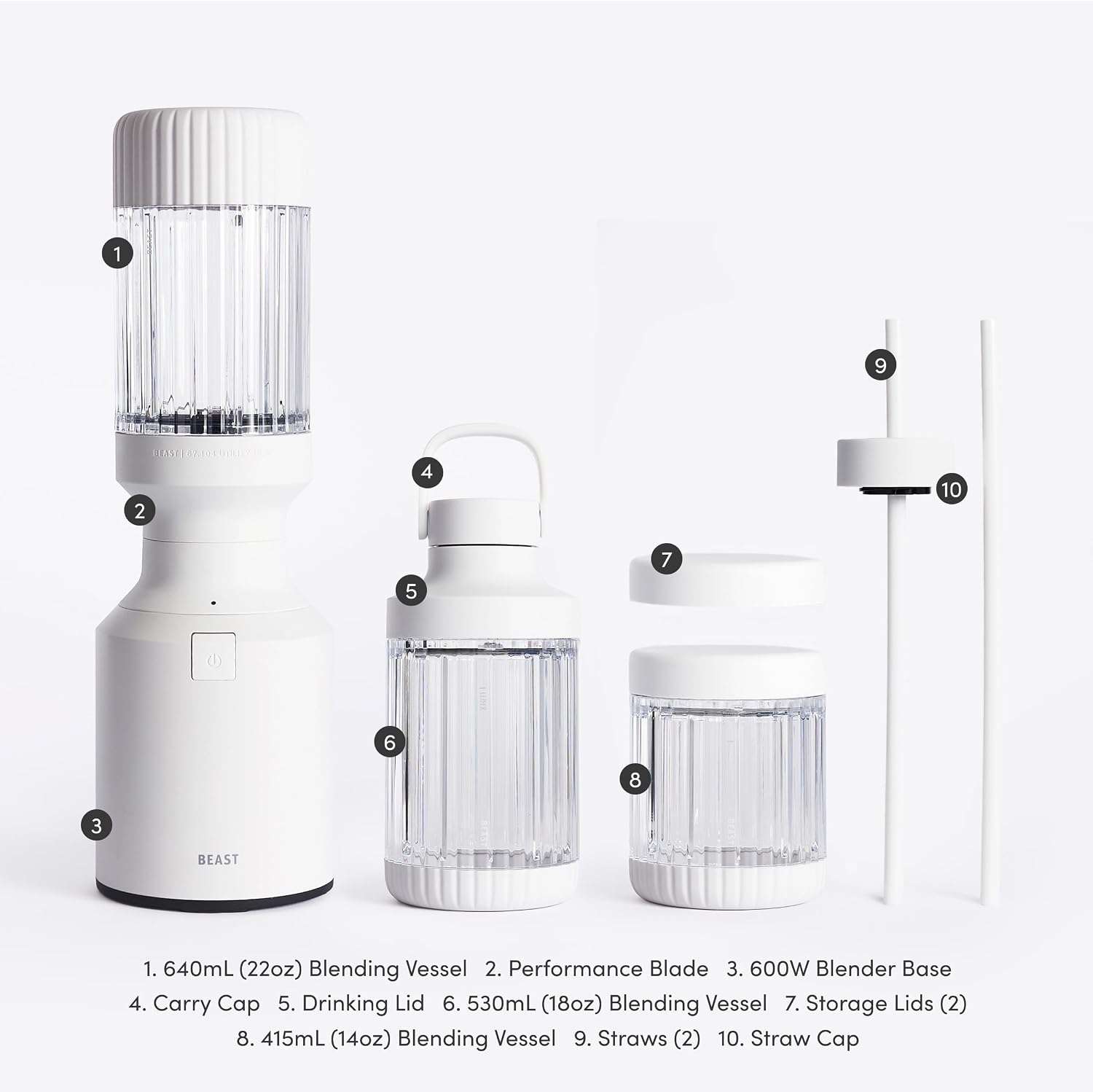 The Beast Mini Blender Plus | Mini Countertop Kitchen Blender | Blend Smoothies and Shakes, Dressings, Sauces, Dips | Extra Vessels, Straw Cap and Straws Included | 600W (Cloud White)
