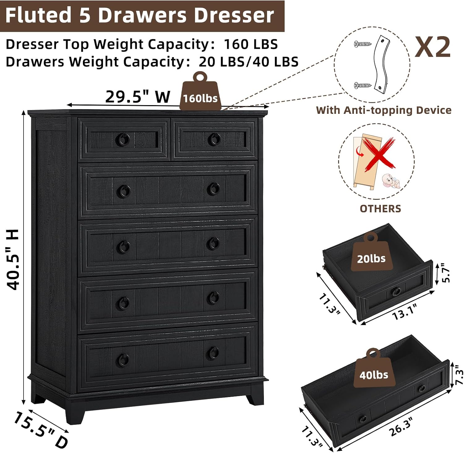 Joaxswe Farmhouse 6 Drawer Dresser for Bedroom, 41' Tall Small Dressers & Chest of Drawers, Rustic Wood Dresser with Metal Handle, Storage Organizer Closet for Living Room, Hallway, Entryway