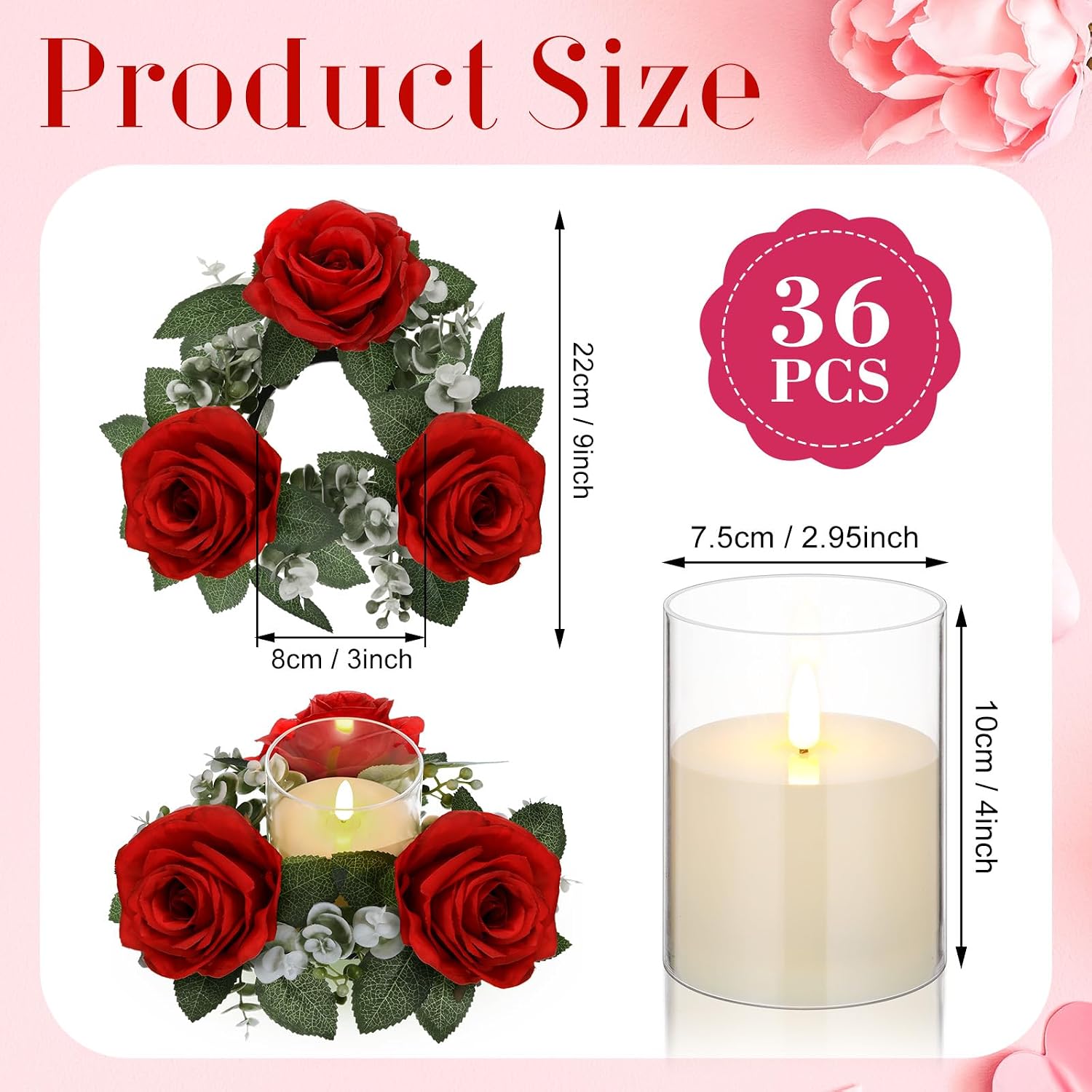 Yunlly 36 Pcs Rose Candle Rings with Flameless Candles Sets, Artificial Flower Eucalyptus Wedding Centerpiece 3 Inch Pillar Candleholders Wreaths for Wedding Party Mother's Day (Red)