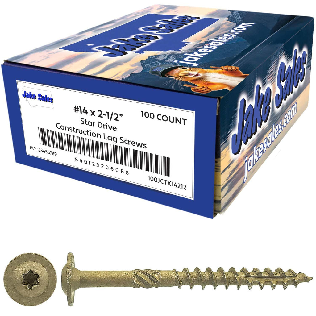 Jake Sales #14 x 2-1/2' Construction Lag Screw - Torx/Star Drive Heavy Duty Structural Lag Screw - Exterior Coated - ACQ Compatible - Modified Truss Washer Head. (10 x 100 Count CASE -1,000 Screws)