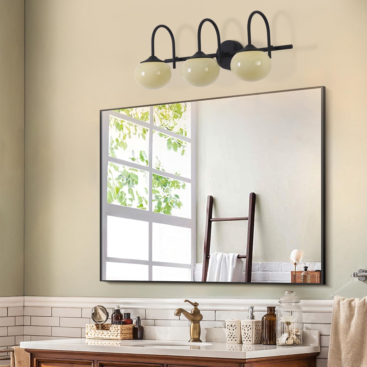 BOKT Black Bathroom Vanity Light Bathroom Wall Lights Over Mirror Farmhouse Globe Wall Sconce Lighting Vintage Cream Yellow Glass Shade Vanity Light E26 Base Restroom Lighting Fixtures
