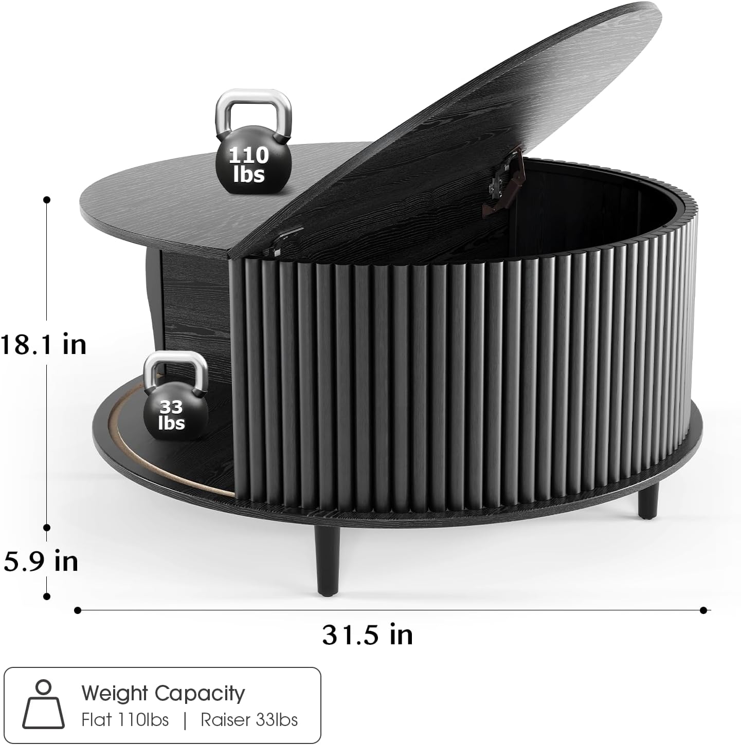 Round Coffee Table with Storage, 31.5' Modern Coffee Table with Sliding Door & Solid Wood Legs, Minimalist Fluted Center Table for Living Room, Home Small Space, Black