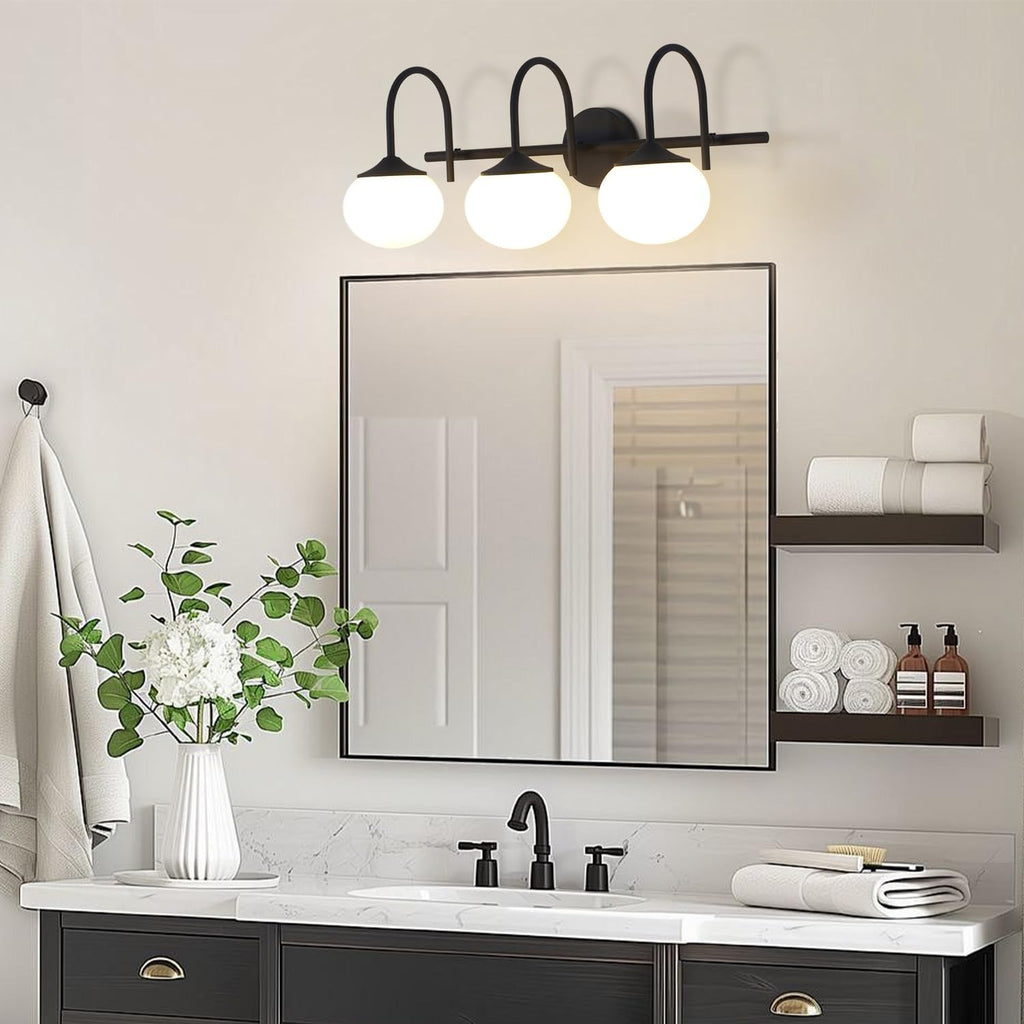BOKT Farmhouse 3-Light Bathroom Vanity Light Black Vanity Light Over Mirror Industrial Bathroom Sconces Wall Lighting Milk White Glass Lampshade Rustic Wall Lamp for Bedroom Hallway