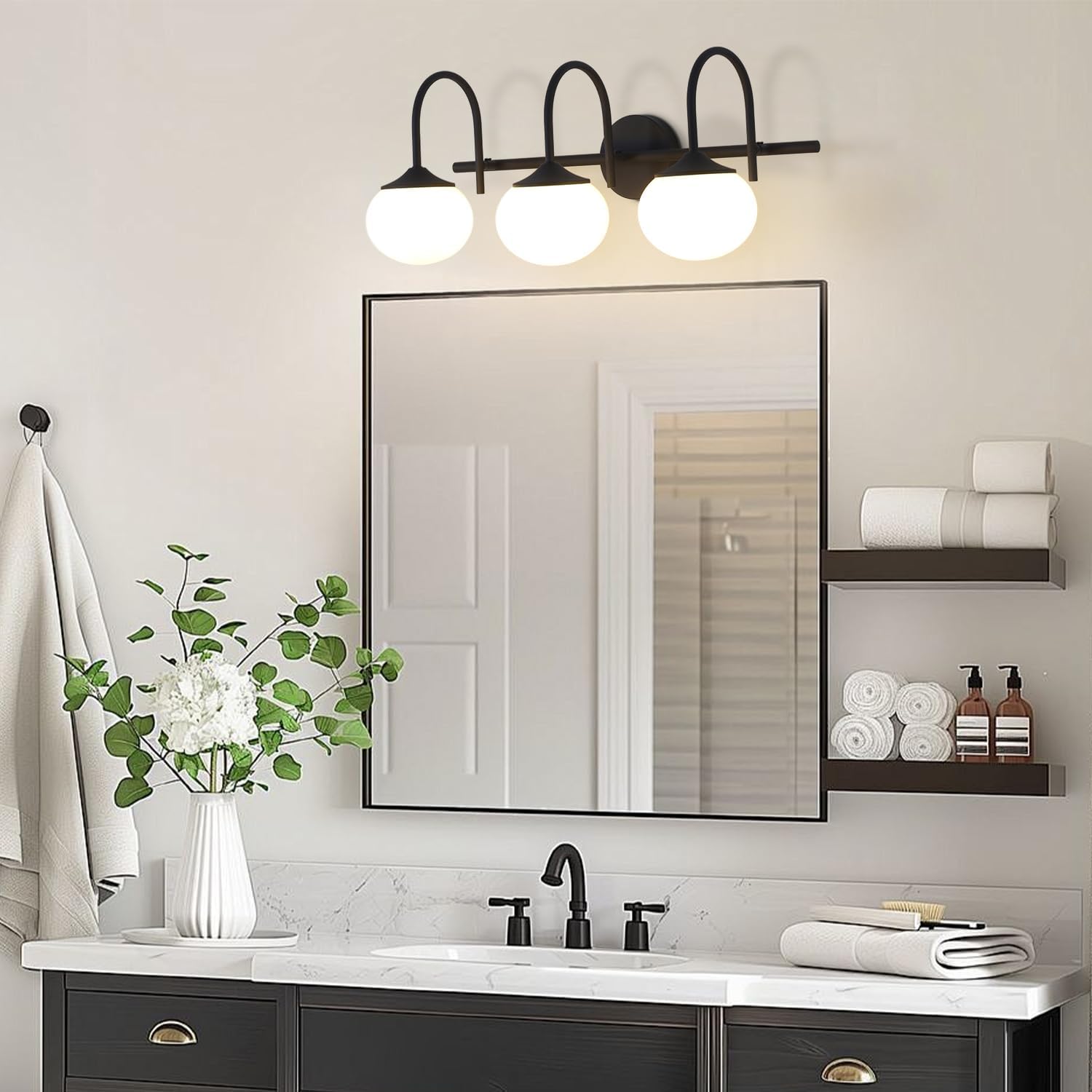 BOKT Farmhouse 3-Light Bathroom Vanity Light Black Vanity Light Over Mirror Industrial Bathroom Sconces Wall Lighting Milk White Glass Lampshade Rustic Wall Lamp for Bedroom Hallway