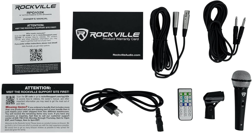 Rockville RPG102K Dual 10' Powered DJ/PA Speaker System with Bluetooth | 1000W Peak / 250W RMS, USB/SD Playback, XLR Output, Mic & Stands Included, Cables, Remote, Bass/Treble EQ, Active/Passive