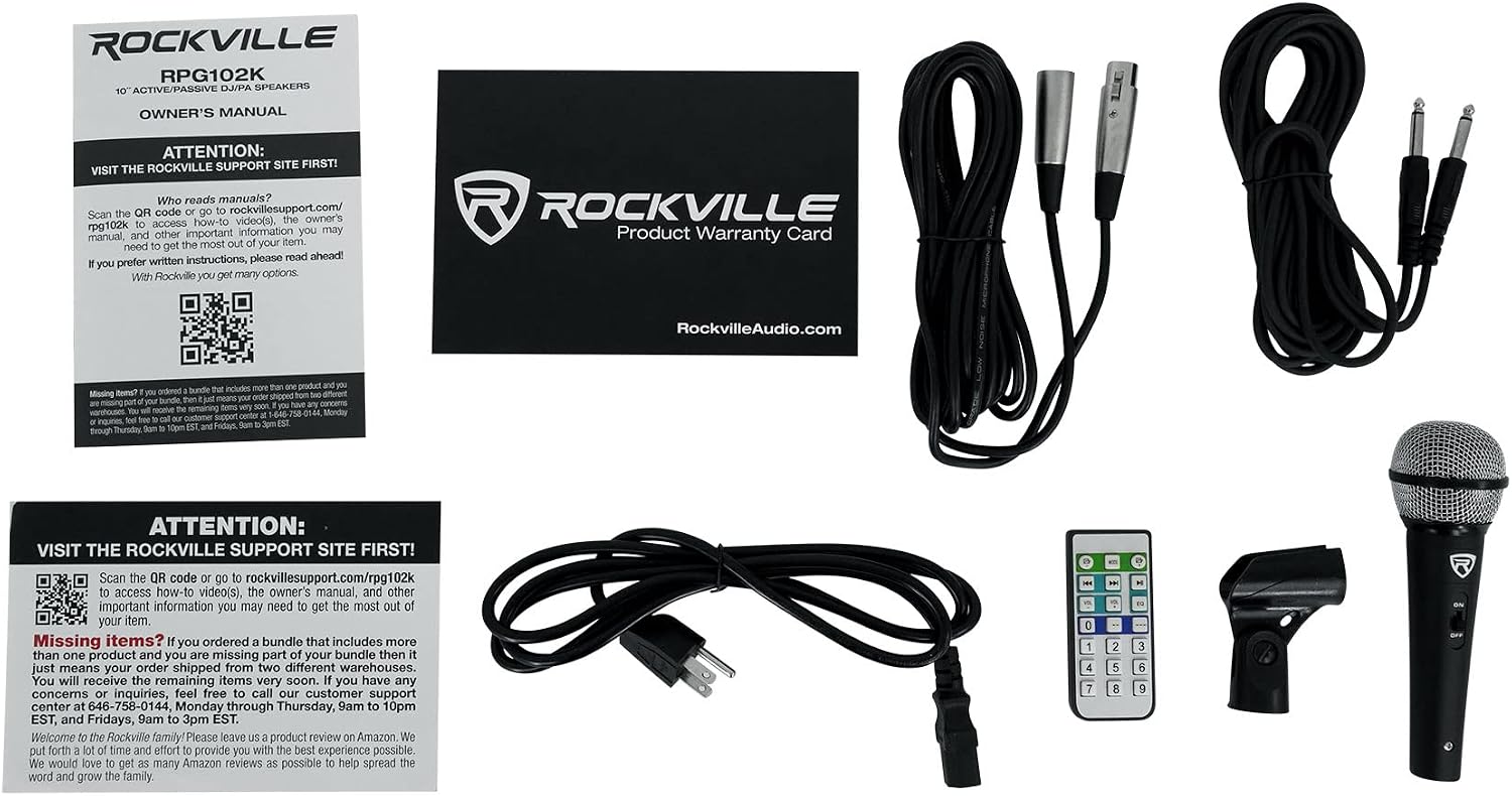 Rockville RPG102K Dual 10' Powered DJ/PA Speaker System with Bluetooth | 1000W Peak / 250W RMS, USB/SD Playback, XLR Output, Mic & Stands Included, Cables, Remote, Bass/Treble EQ, Active/Passive