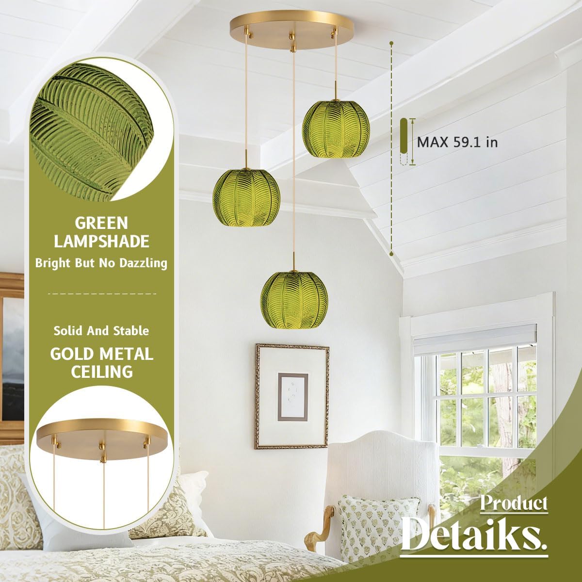 Dark Green Chandelier Cluster 3-Light Glass Globe Hanging Pendant Lights Fixtures Gold Sputnik Ceiling Pendant Lights with Ribbed Glass Ball Shade Mid Century Modern Chandelier