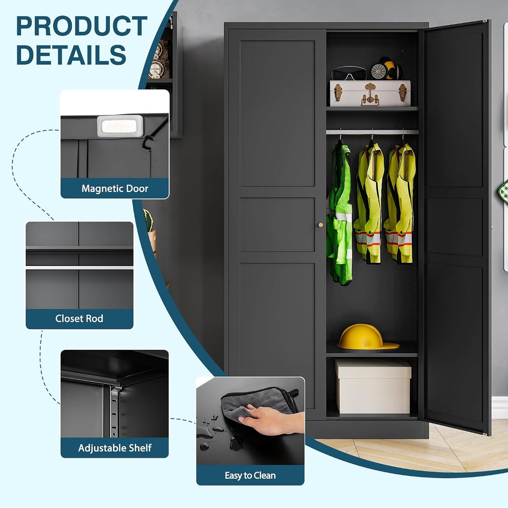 MIIIKO Wardrobe Closet with 2 Doors, 72' Metal Wardrobe Cabinet with Hanging Rod, Bedroom Armoires Laundry Room and Office Clothes Storage Organizer Cabinets Black