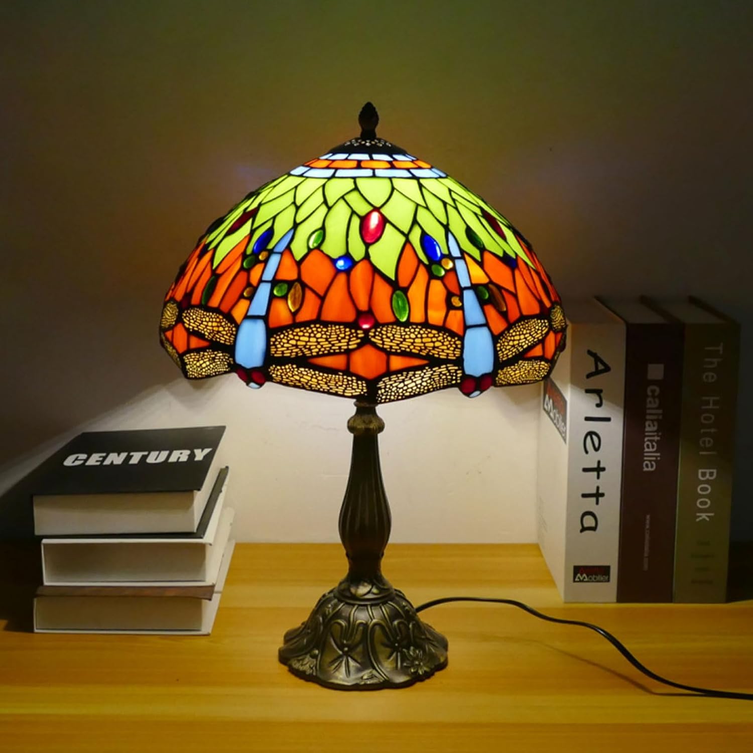 12 Inch Dragonfly Stained Glass Lamp Shade, Tiffany Style Lampshades Replacement, Handmade Vintage Lamp Cover Accessories Only for Table lamp Pendant Light Ceiling Fixture,Green