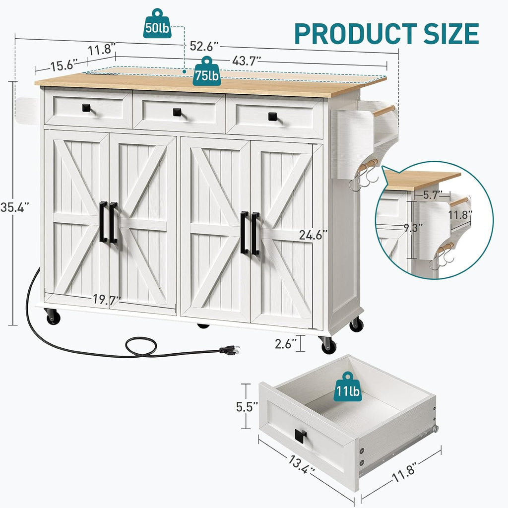 RALGEND Kitchen Island with Drop Leaf & Power Outlet, Rolling Kitchen Island Cart On Wheels, Barn Door Kitchen Island Table with Storage and Tower Rack, Island Table for Kitchen, White and Natural