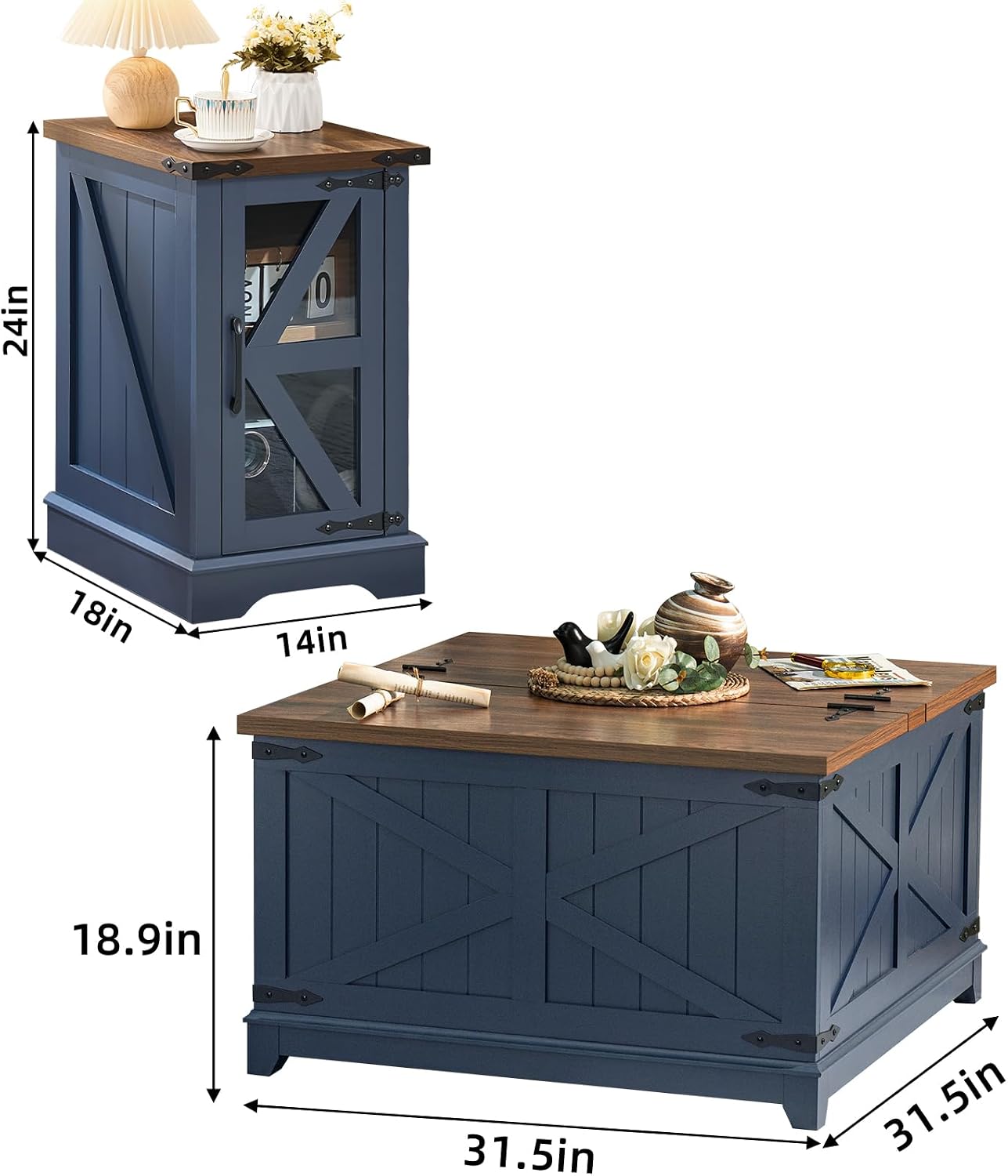 Joaxswe Farmhouse Coffee Table Sets 3 Pieces, Narrow Night Stand with Glass Barn Door Storage, Large Coffee Tables with Hidden Storage Organizer, Wood Furniture Sets for Living Room, Office, Blue