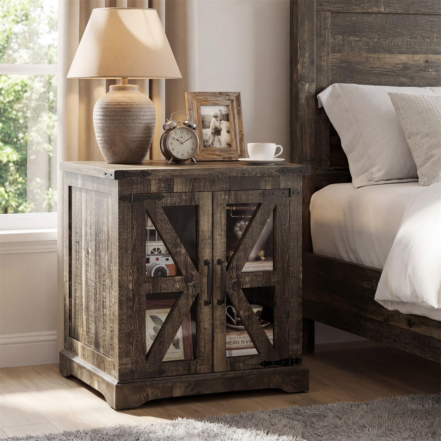 Farmhouse End Table, 24' Large End Tables with Storage, Rustic Square Sofa Beside Table with Glass Barn Door, Wood Side Table Square Nightstand for Living Room, Bedroom, Office (Antique Finish)