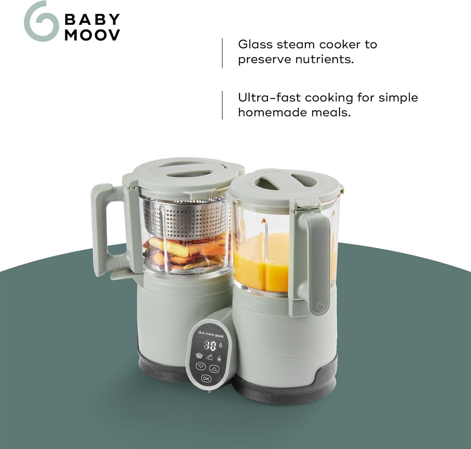 Babymoov Duo Meal Glass Baby Food Maker, Celadon Green – 4-in-1 Steamer, Blender, Defroster, and Heater with Programmable Timer, Large Capacity, Glass Bowls, Dishwasher Safe