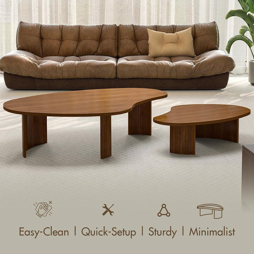 Hyfirm Walnut Nesting Coffee Tables Set of 2, Mid Century Modern Center Table with Fluted Wooden Legs and Oval Mango Shape for Living Room, Small Apartment