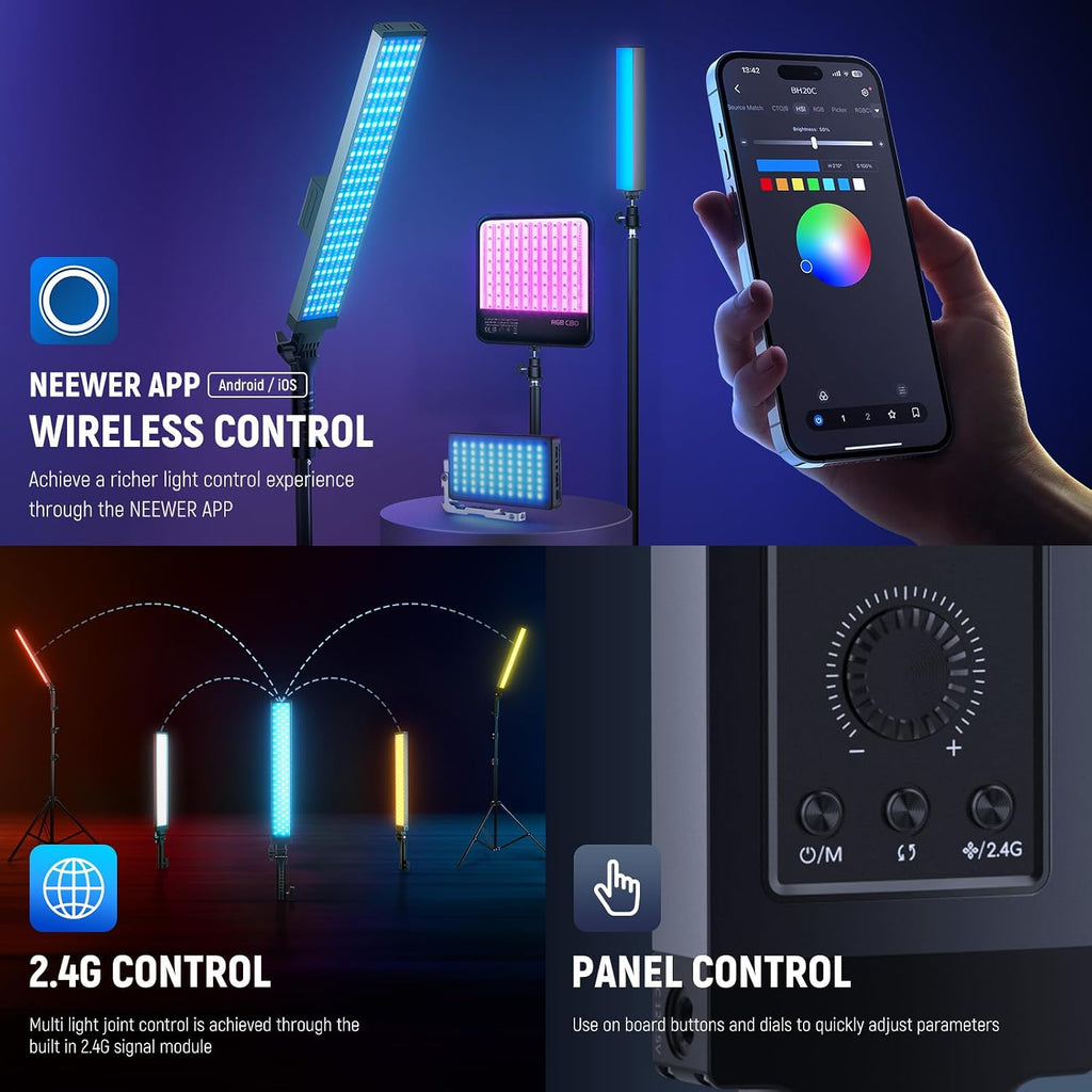 NEEWER Photography RGB Light Stick Kit, 2 Pack LED Video Tube Lights w/Stands, Diffusers, 3250Lux Dimmable Light Wand 2500-10000K CRI95+/TLCI97+ APP/2.4G/Panel Control for Live/Videos/Vlog, BH20C