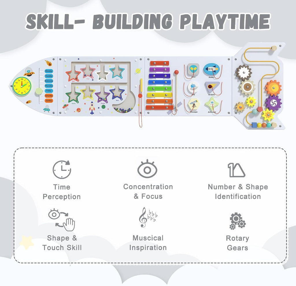 Spacocld Montessori Busy Board - White Rocket Activity Wall Panels, Wall Toys for Toddlers 3+, Sensory Panels for Kids, Wooden Activity Cubes, Playroom Daycare Toys, Toddler Sensory Board (4PCS)