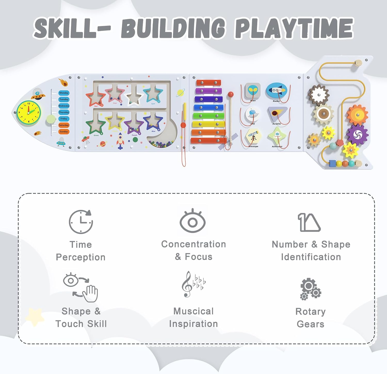 Spacocld Montessori Busy Board - White Rocket Activity Wall Panels, Wall Toys for Toddlers 3+, Sensory Panels for Kids, Wooden Activity Cubes, Playroom Daycare Toys, Toddler Sensory Board (4PCS)