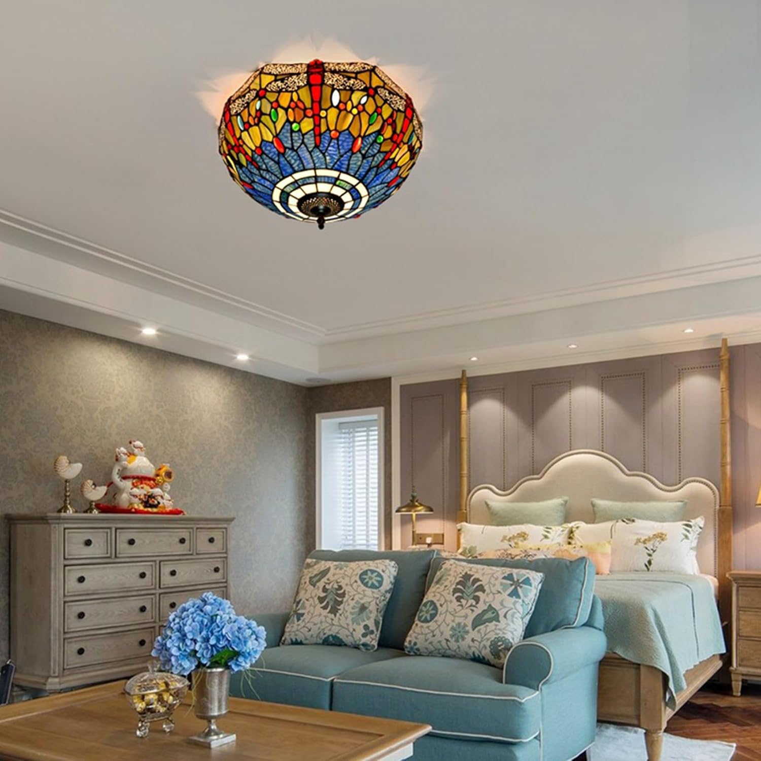 W16H9 Inch Tiffany Lamp Shade Replacement, Stained glass Dragonfly style Lampshades, Only Handmade Retro lampshade Replacement for Table Lamp Pendant Light Floor Lamp Ceiling Fixture,Blue