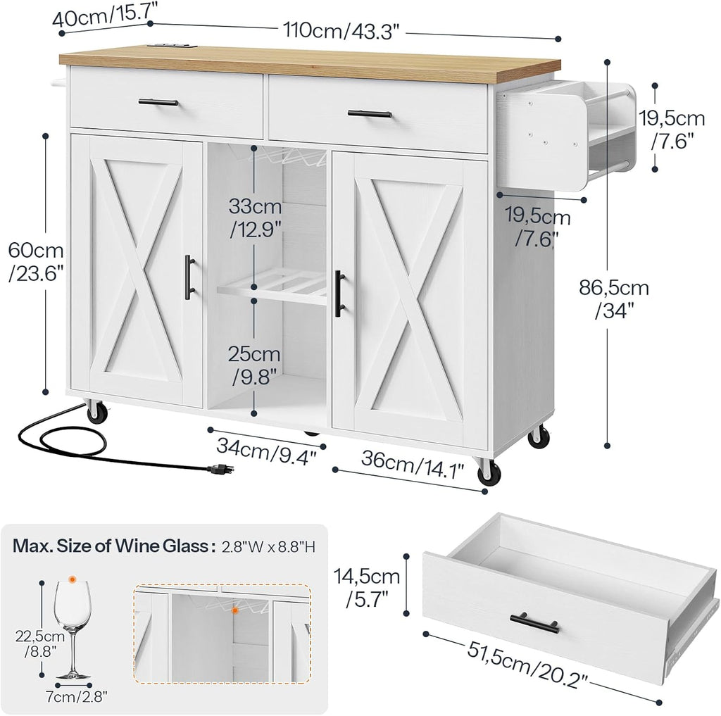 HOOBRO Kitchen Island with Power Outlet, Rolling Kitchen Island on Wheels, Island Table with Storage Cabinet, 2 Drawers, Spice Rack and Towel Rack, White and Natural WN14UZD01