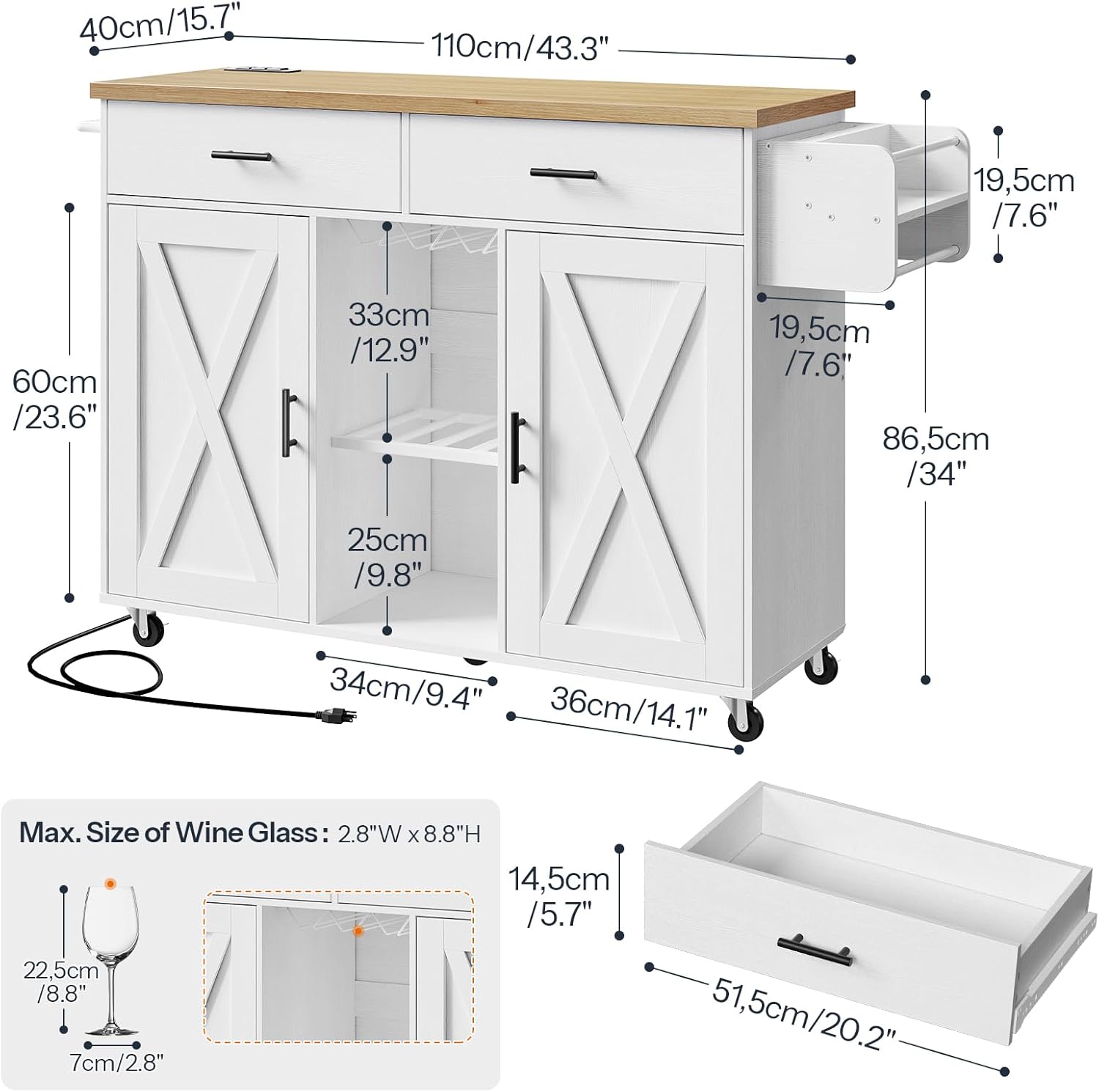 HOOBRO Kitchen Island with Power Outlet, Rolling Kitchen Island on Wheels, Island Table with Storage Cabinet, 2 Drawers, Spice Rack and Towel Rack, White and Natural WN14UZD01