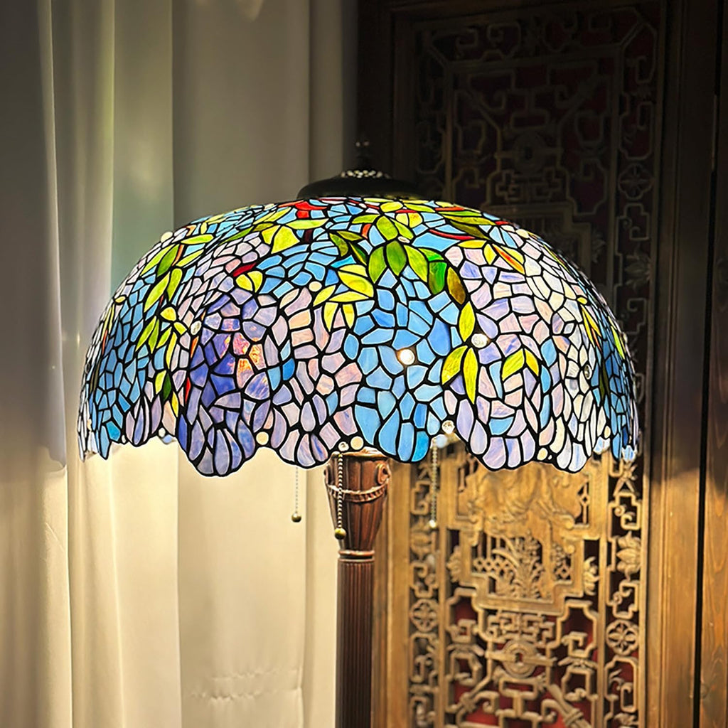 22Inch Purple Blue Wisteria Stained Glass Lampshade Replacement for Table Lamp, Wall Lamp, Ceiling Light, Floor Lamp, Tiffany Style Green Leaves Flower Shade with Red White Beads