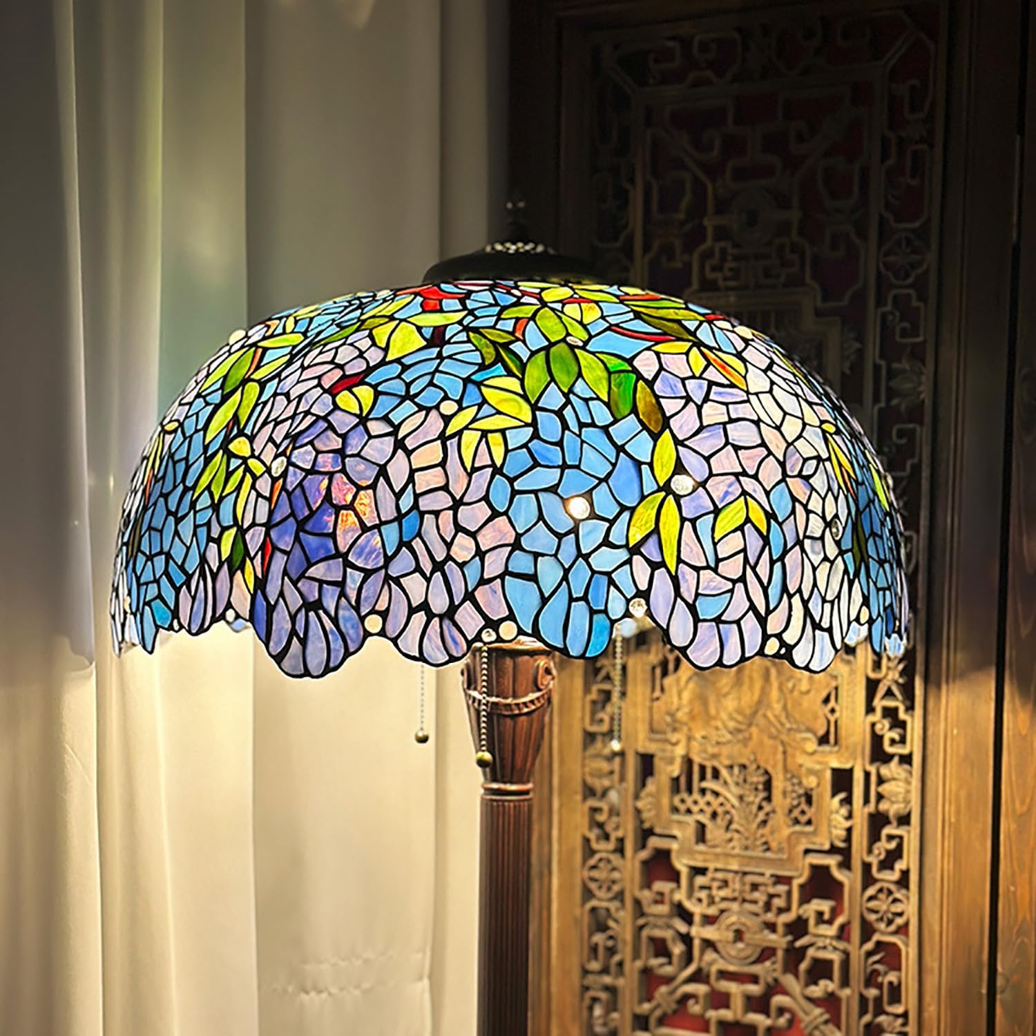 22Inch Purple Blue Wisteria Stained Glass Lampshade Replacement for Table Lamp, Wall Lamp, Ceiling Light, Floor Lamp, Tiffany Style Green Leaves Flower Shade with Red White Beads