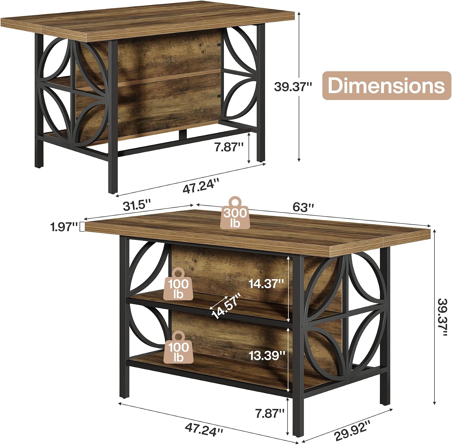Tribesigns 62.99-Inch Kitchen Island with Storage, Kitchen Island Table with 2 Shelves and Large Worktop, Industrial Bar Table, Easy to Assemble, Rustic Brown (Stools Not Included)