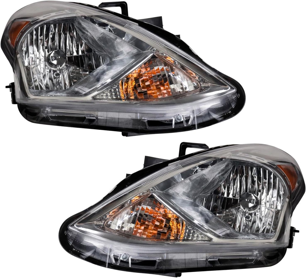 TRQ Driver and Passenger Side Headlight Assembly Set Compatible with 2015–2019 Nissan Versa
