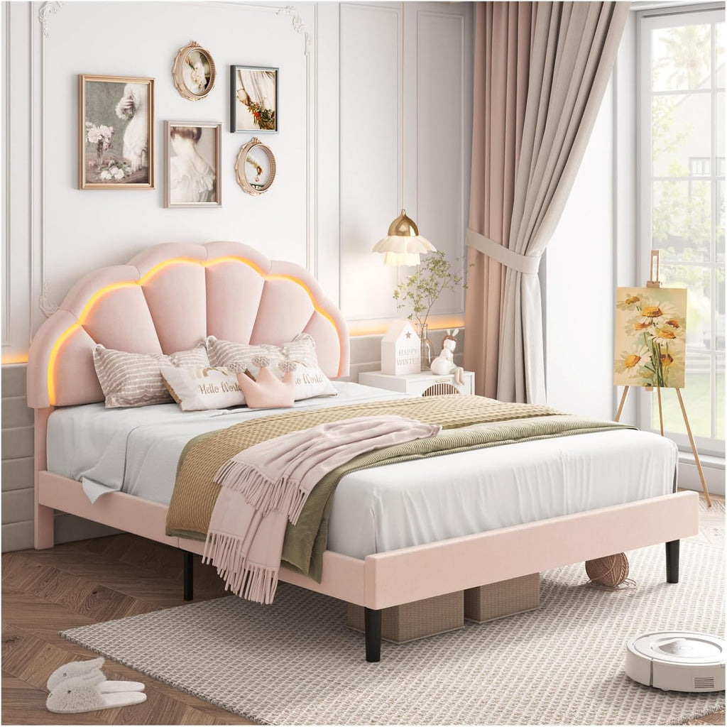 HIFIT Full Upholstered Smart LED Bed Frame with Adjustable Chic Petal Headboard, Princess Full Size Platform Bed Frames for Girls, Wooden Slats Support, No Box Spring Needed, Easy Assembly, Pink
