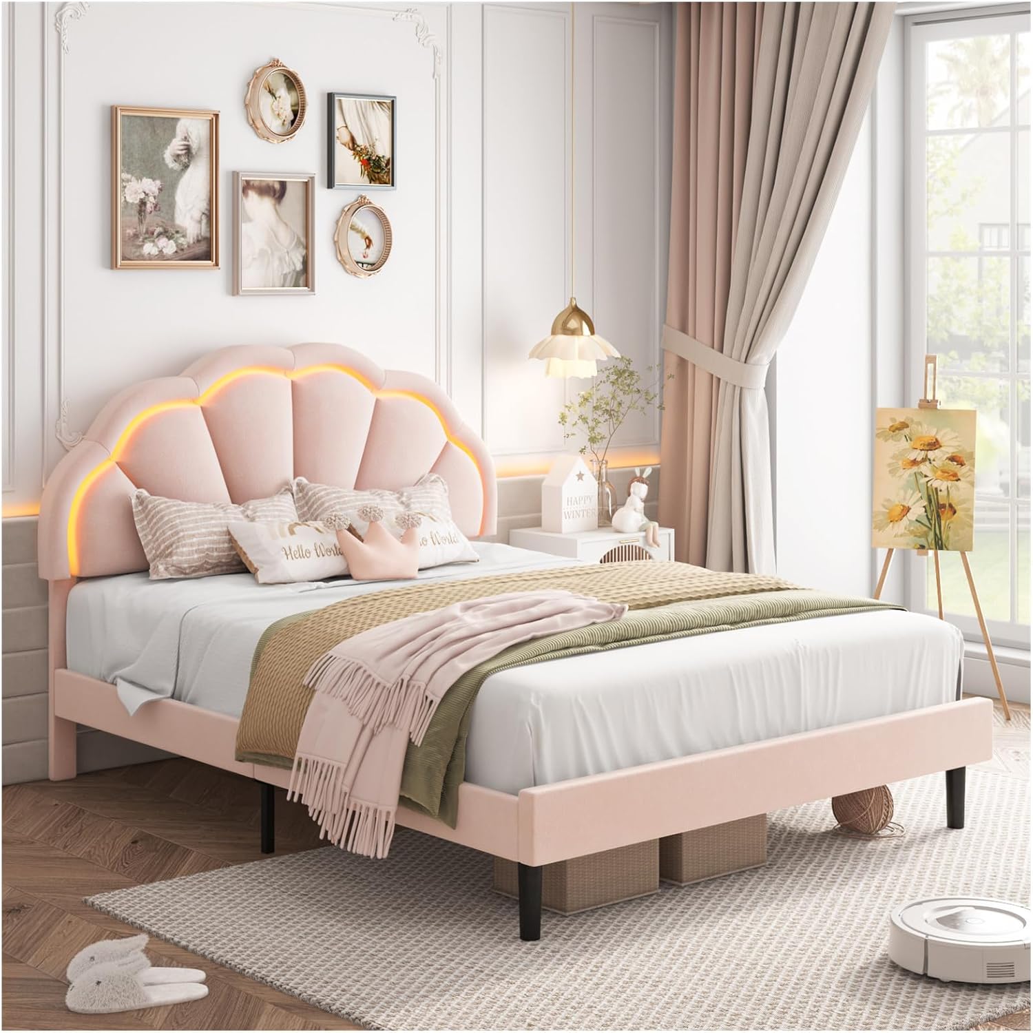 HIFIT Full Upholstered Smart LED Bed Frame with Adjustable Chic Petal Headboard, Princess Full Size Platform Bed Frames for Girls, Wooden Slats Support, No Box Spring Needed, Easy Assembly, Pink