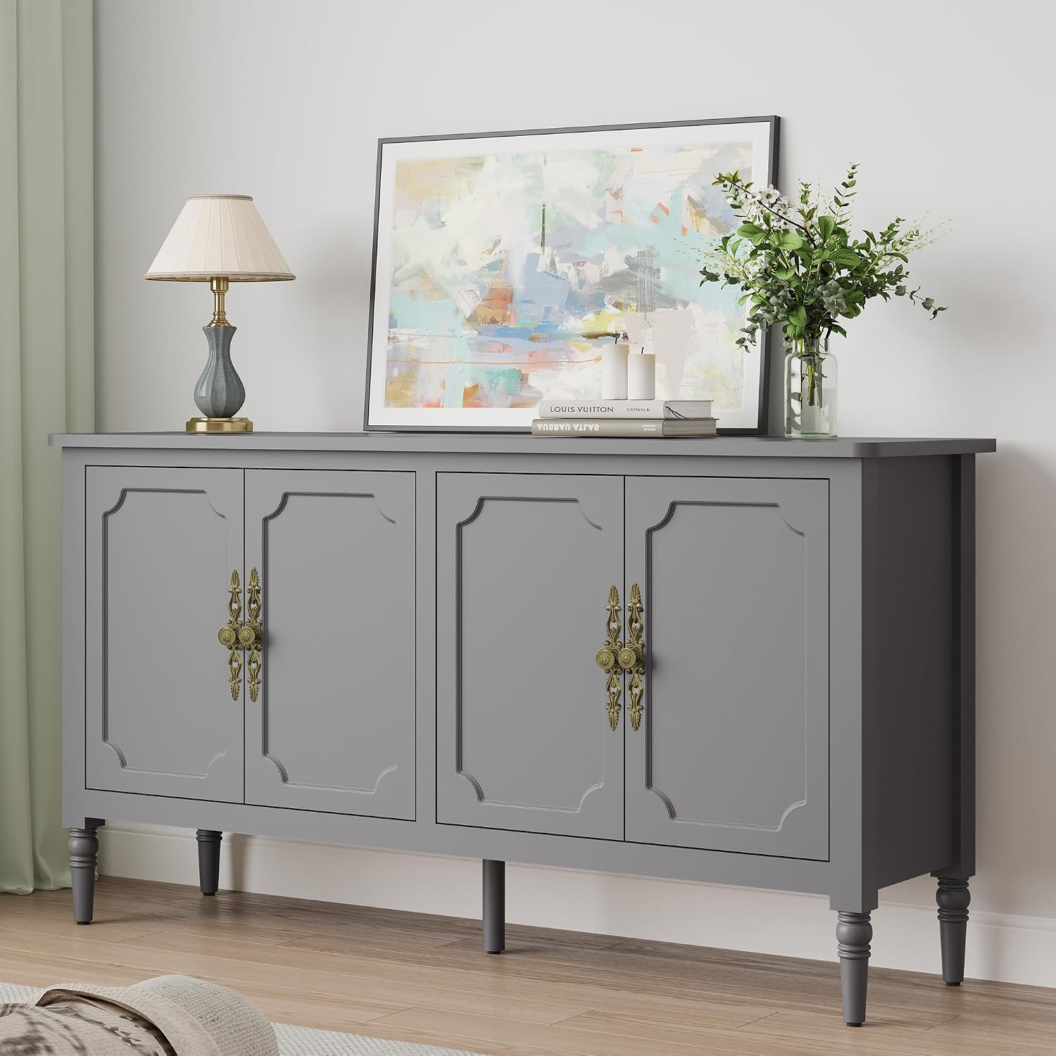 RoyalCraft Buffet Cabinet with Storage, 59' Vintage Sideboard with Adjustable Shelves, Mid Century Modern Painted Credenza Coffee Bar for Kitchen, Dining Room, Entryway, Living Room, Dove Gray
