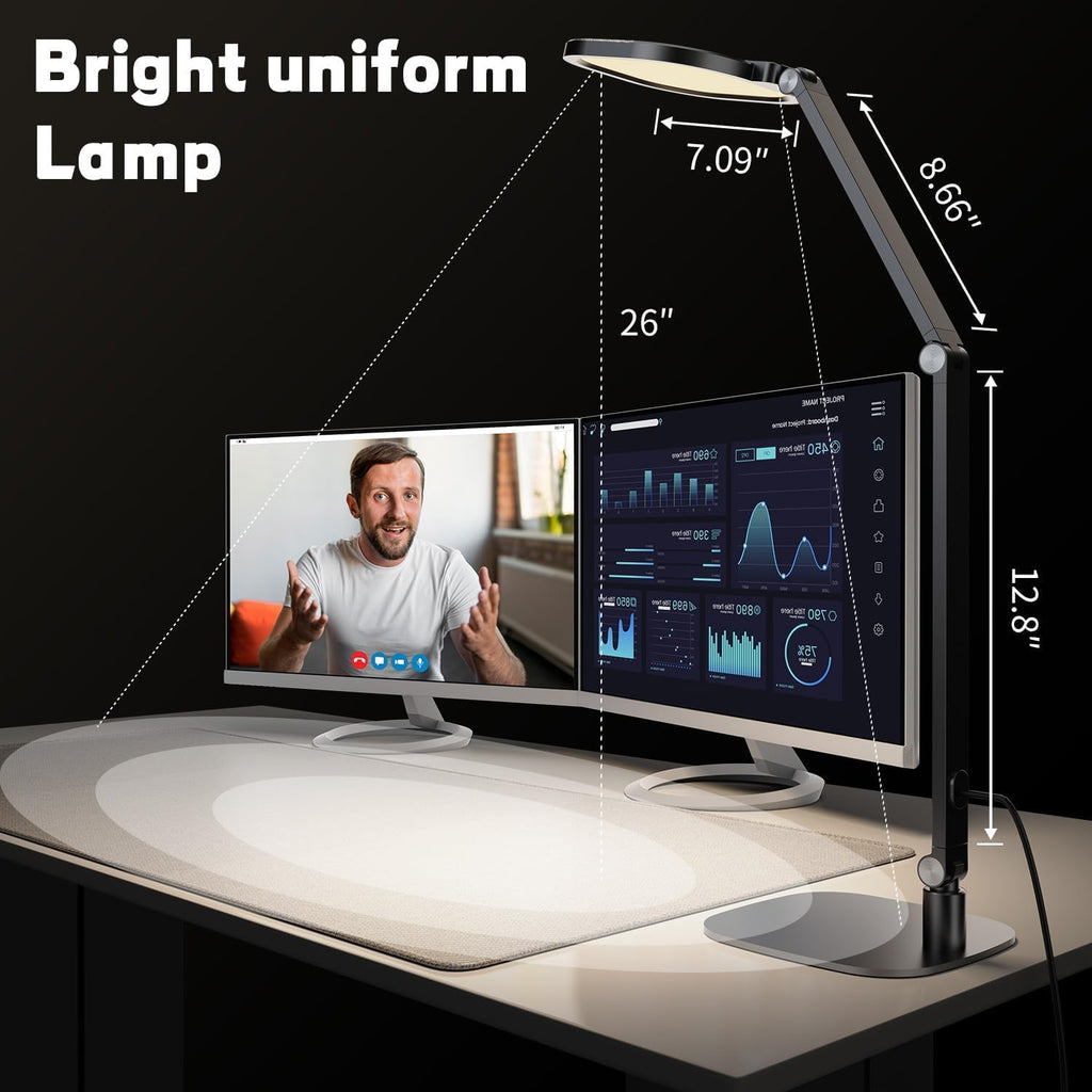 LitONES LED Desk Lamp for Home Office, Professional Eye-Caring Diffused Desk Light, 3 Color 10 Brightness Computer Light, Dimmable Office Lamp with Memory & Timer Func, Metal Swing Arm Table Lamp