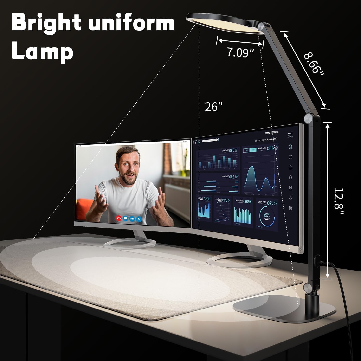 LitONES LED Desk Lamp for Home Office, Professional Eye-Caring Diffused Desk Light, 3 Color 10 Brightness Computer Light, Dimmable Office Lamp with Memory & Timer Func, Metal Swing Arm Table Lamp
