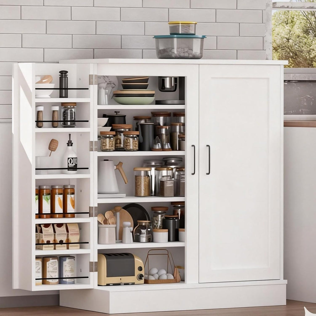 VINGLI 40 Inch White Pantry Cabinet with Doors, Small Kitchen Pantry Storage Cabinet Freestanding, Food Pantry Cabinet with Adjustable Shelves & Door Storage for Kitchen Dining Room Living Room