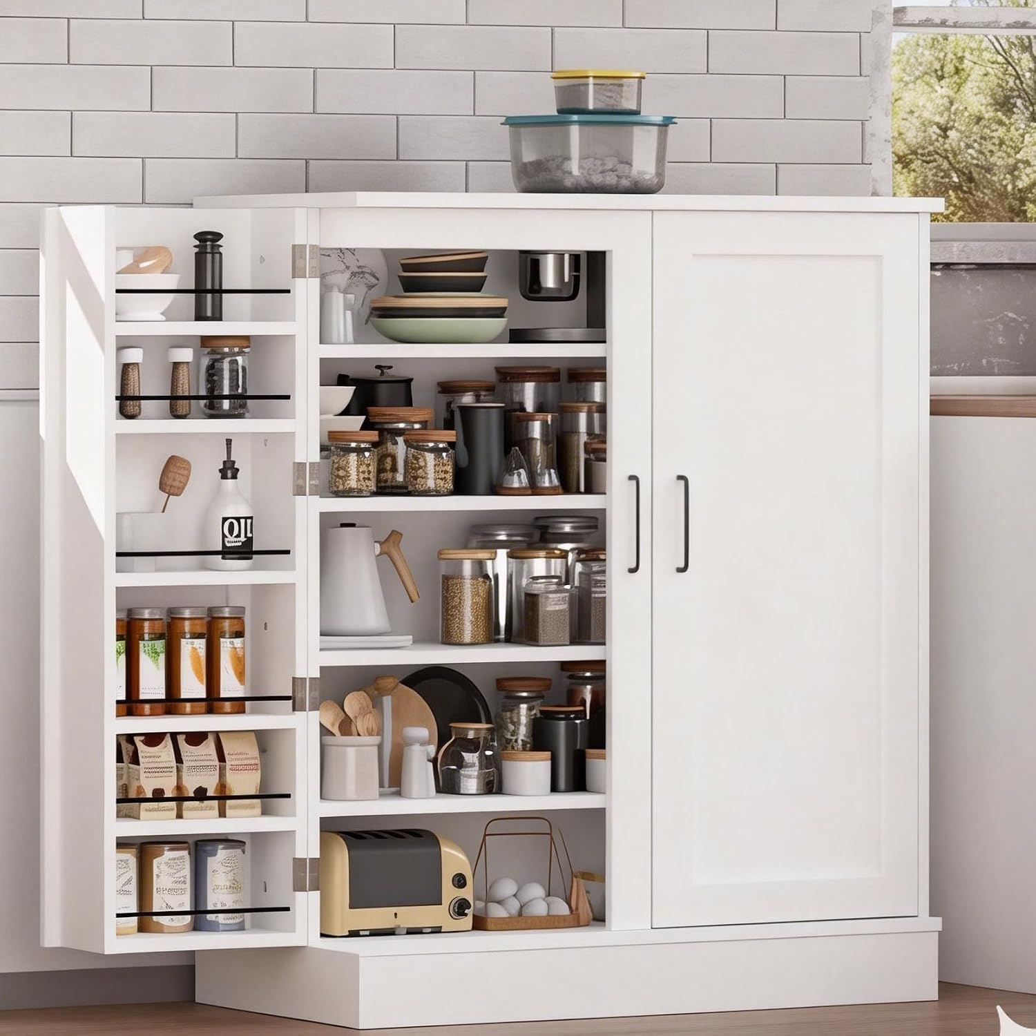 VINGLI 40 Inch White Pantry Cabinet with Doors, Small Kitchen Pantry Storage Cabinet Freestanding, Food Pantry Cabinet with Adjustable Shelves & Door Storage for Kitchen Dining Room Living Room
