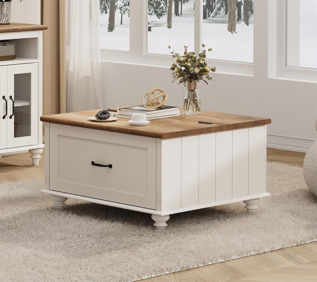 WAMPAT White Coffee Table with Lift Top & Drawer, Square Center Table with Hidden Storage Compartment, Farmhouse Wood Coffee Table for Living Room, 30 Inch