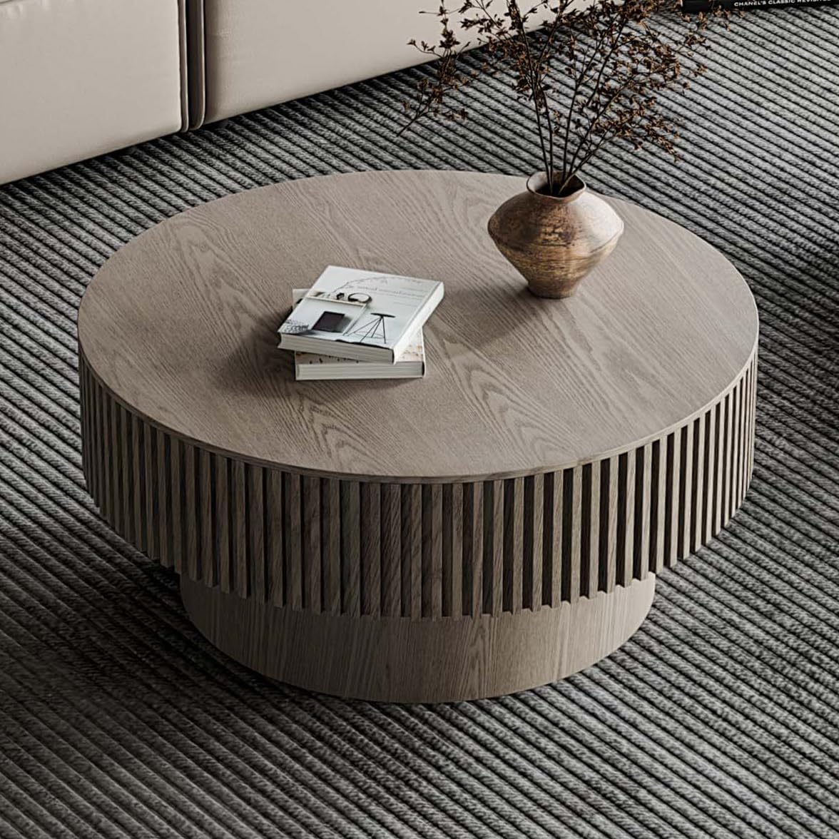 Round Coffee Table with Storage, Modern Wooden Coffee Table with Solid Wood Veneered, Circle Center Table Accent Tea Table for Living Room Apartment Small Space (31.5''L × 31.5''W × 14''H, Grey)