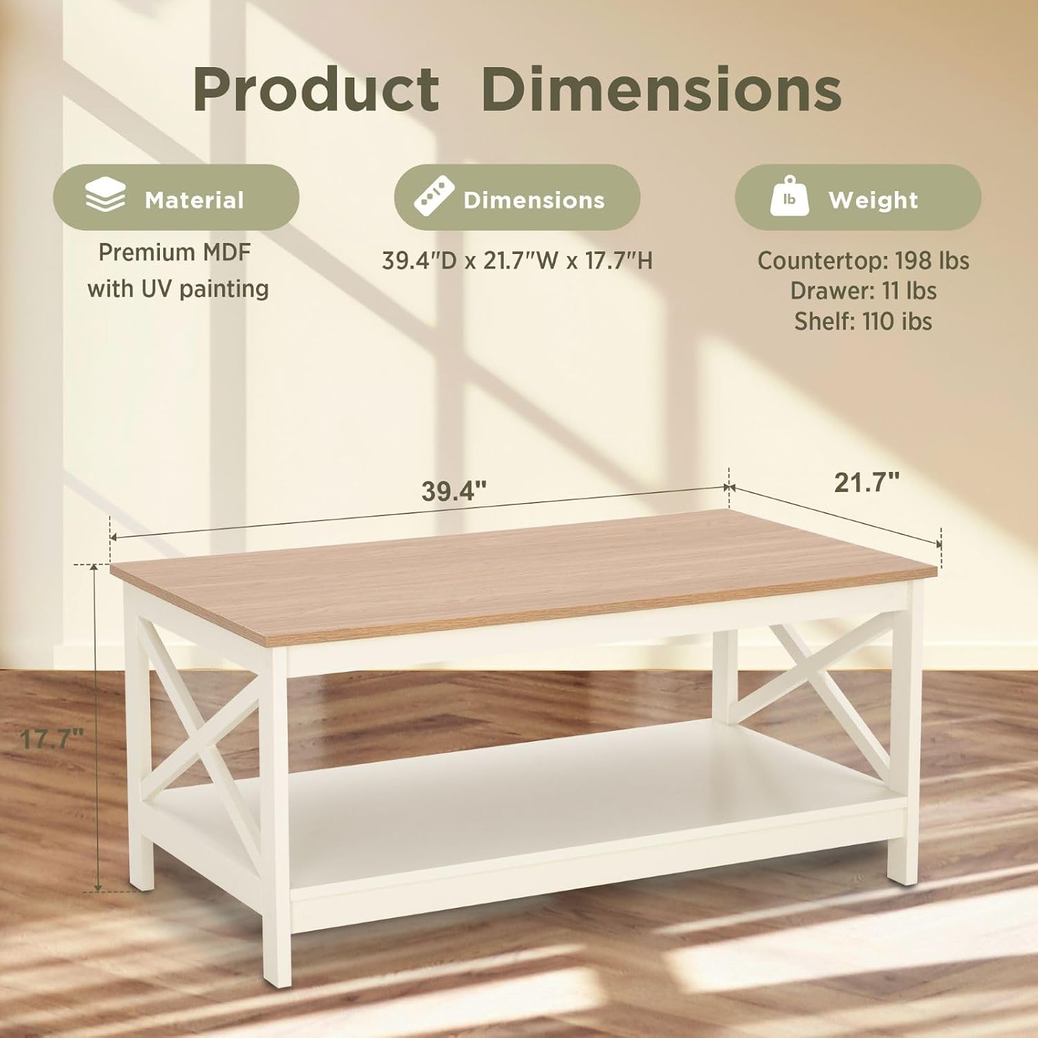 Sophia & William Farmhouse Coffee Table with Storage Shelf for Living Room, Ivory