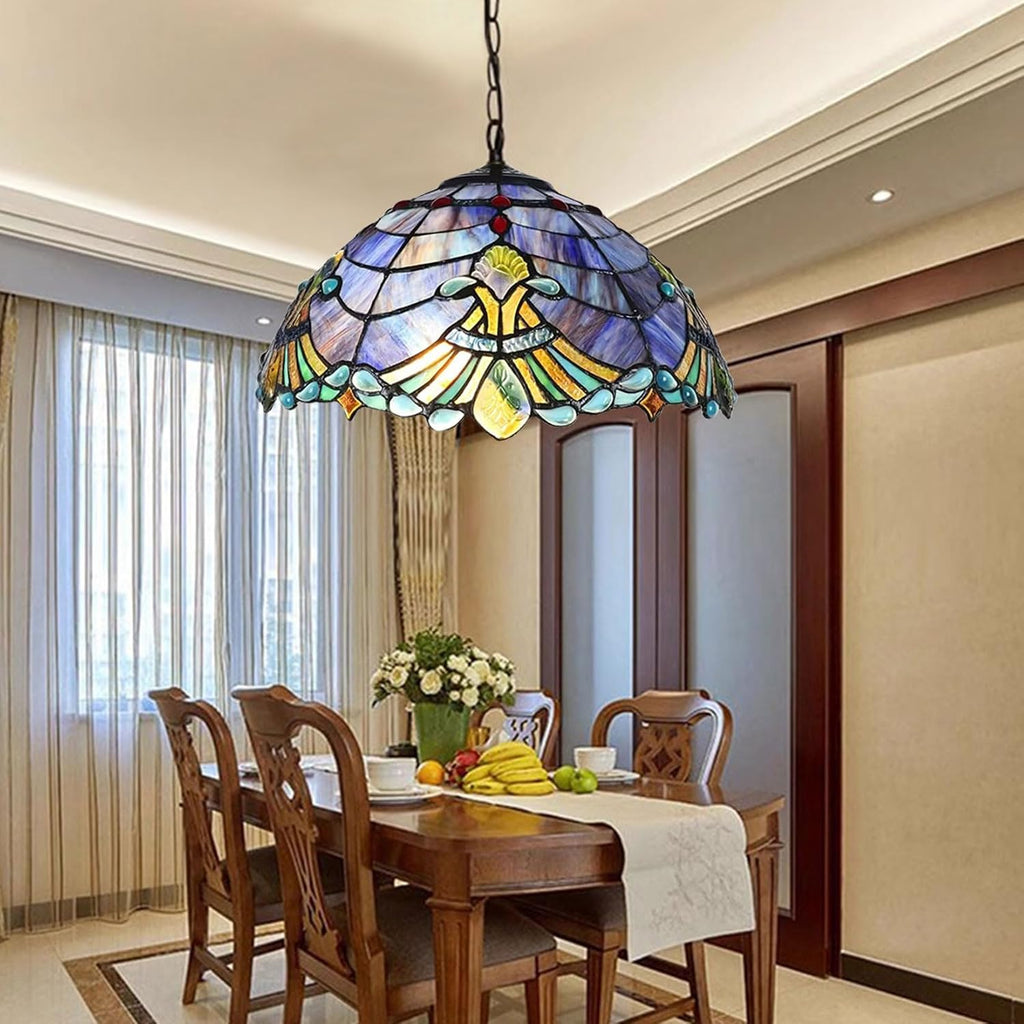 Tiffany Lamp Shade Replacement, Only 16-Inch Baroque Stained Glass Lampshades, Vintage Blue Glass Bead Light Cover Suitable for Table Lamp Floor Lamp Pendant Lamp Ceiling Lighting Home Decor