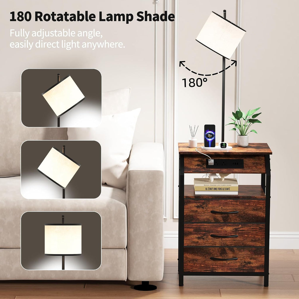 End Table with Floor Lamp Set of 2, Nightstand with Charging Station, Floor Lamp Table with 3-Color Temperature Bulb, Bedside Table Night Stand with 3 Drawers for Bedroom, Living Room, Retro