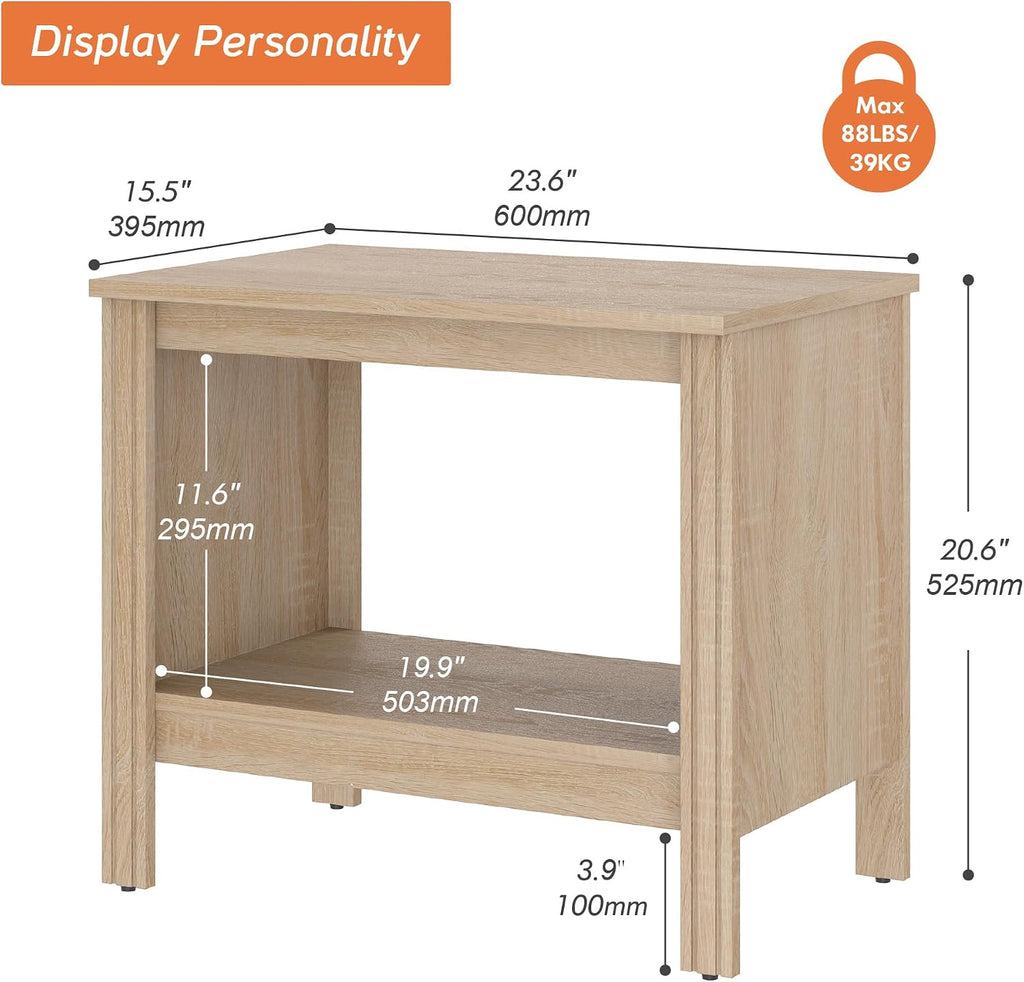 WAMPAT Nightstand Set of 2, Small Square End Tables for Living Room, 2-Tier Kids Bedside Table with Storage and Open Wood Shelf, 20 Inch Modern Side Table for Bedroom,Office,Oak