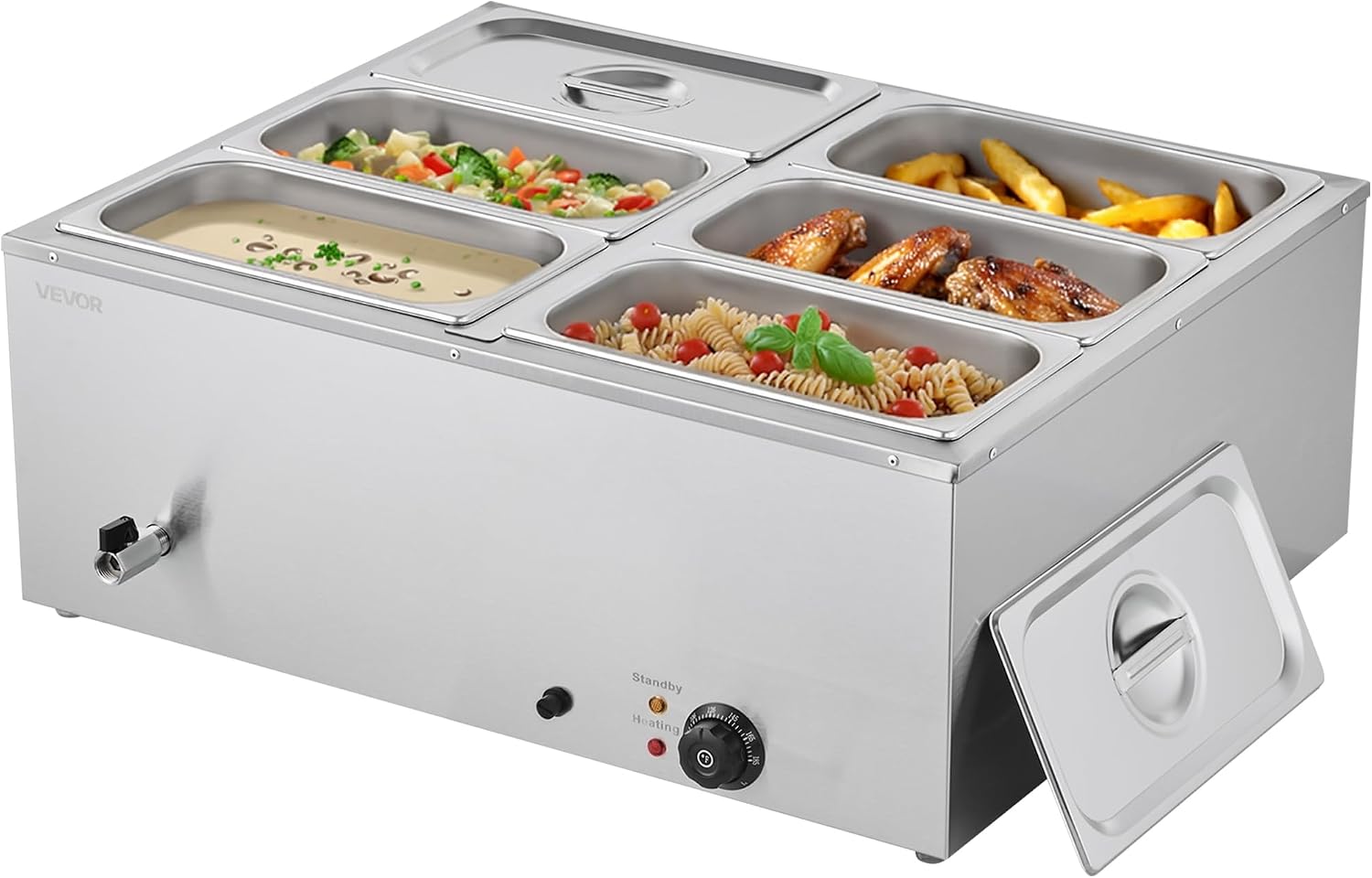 VEVOR Commercial Food Warmer, 1500W Electric Stainless Steel Steam Food Warmer with Lid, 6-Pan Fast Heating Countertop Buffet Bain Marie with Soup & Perforated Ladles, for Catering, Restaurant, Party