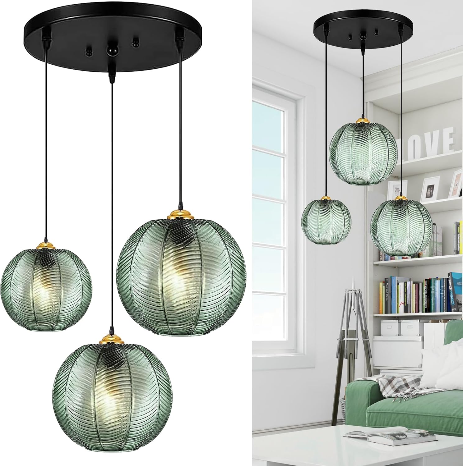 GWY Green Pendant Light, 3 in 1 Large Glass Pendant Light Fixtures E26 E27 Mid Century Modern Chandelier Ribbed Blown Glass Globe Shade Hanging Light Ceiling Light for Living Room Restaurant Bar