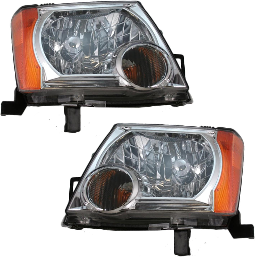 TRQ 2 Piece Headlight Assembly Set Chrome Bezel Driver & Passenger Side Compatible with Nissan Xterra 2005-2015 NI2502161 NI2503161 26010EA025 26060EA025
