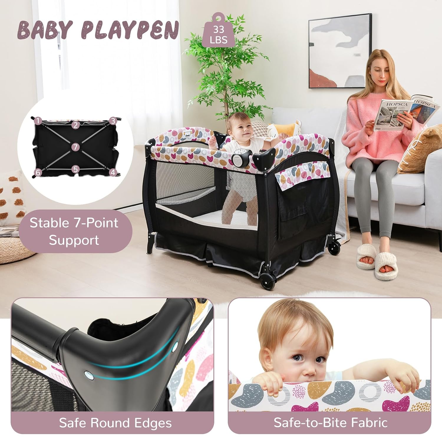 HONEY JOY Pack and Play, 4 in 1 Portable Baby Crib Playpen w/Bassinet, Changing Table, Canopy, Mattress, Music Box, Storage Bag, Foldable Pack n Play Nursery Center for Infant Boys Girls(Yellow)
