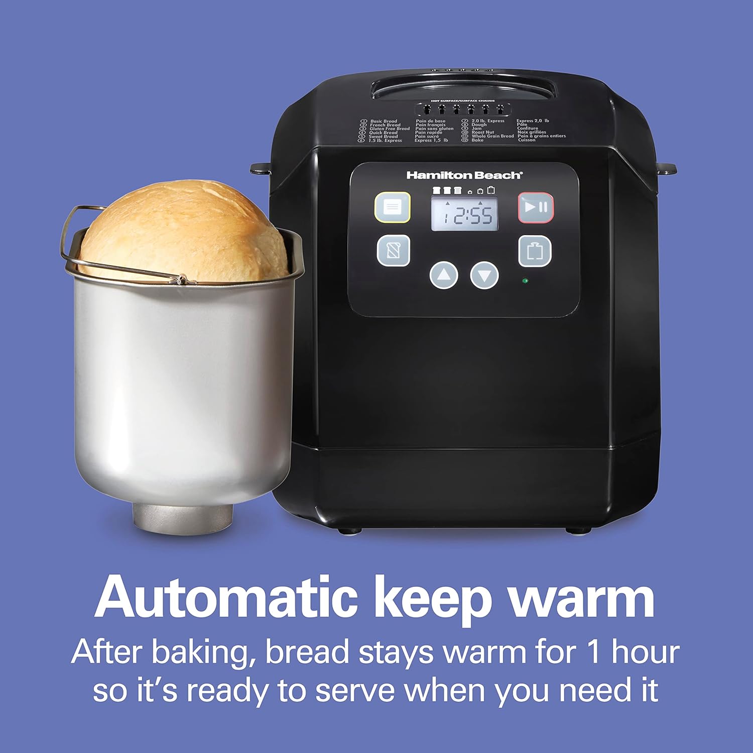 Hamilton Beach Automatic Bread Maker Machine, Digital, Programmable, 12 Settings + Gluten Free, PFAS-Free Nonstick Pan + Kneading Paddle, 2 lb Capacity, Black