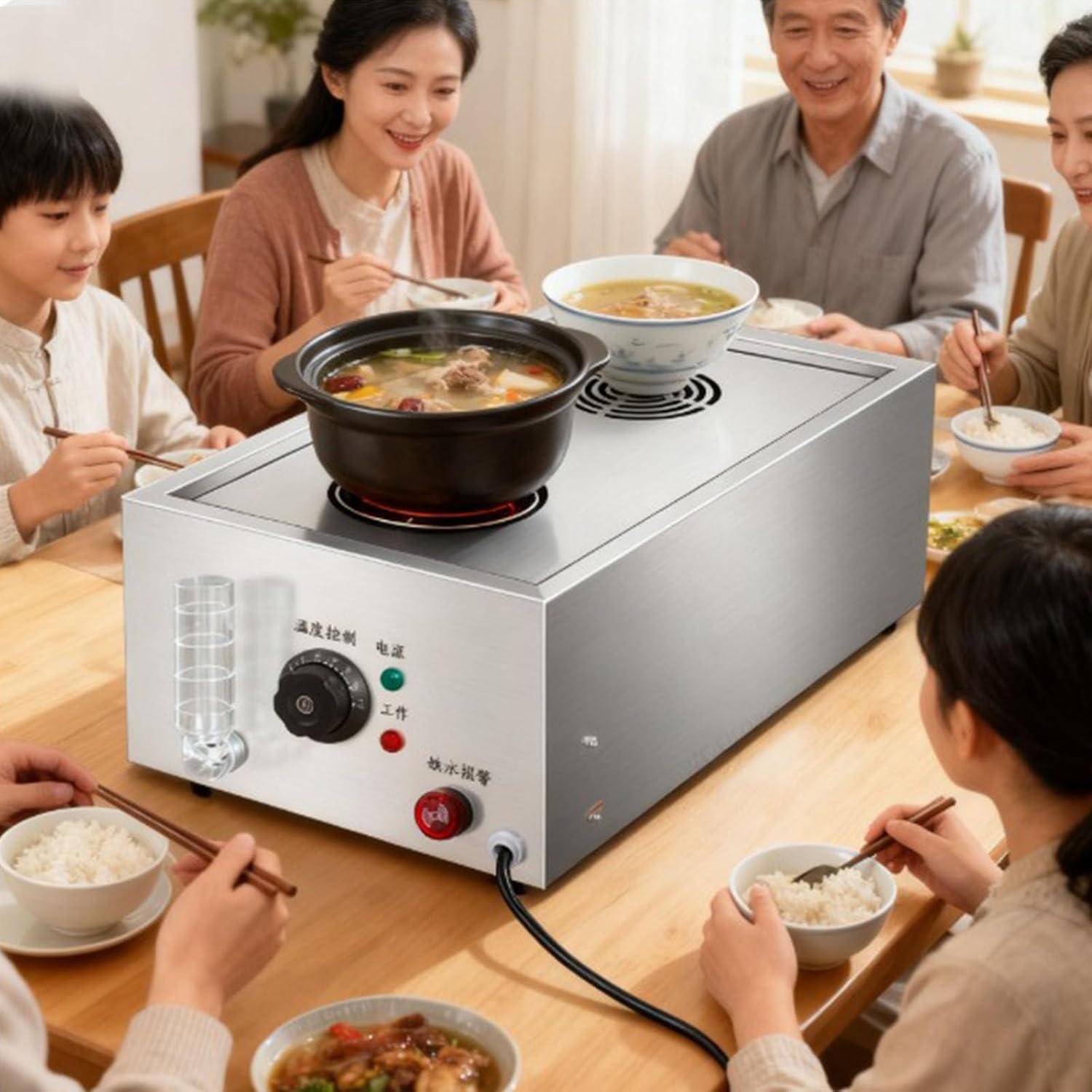 Temperature Control Large Capacity Bun Steamer, Multifunction Commercial Home Kitchen Appliance Electric Steam Pot Dry Boiling Alarm for Breakfast Shop, School,2 Holes
