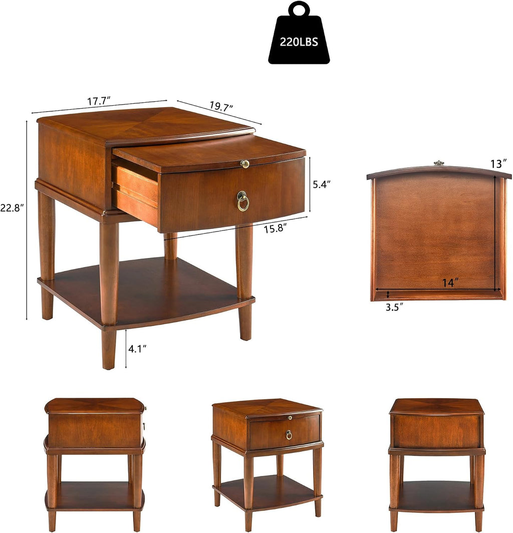 Set of 2Wood Side End Table with Tray Extension and Storage Drawers,Sofa Side Table with Round Legs,No-Tools Assembly,Telephone Table for Living Room,17.7'L x 19.7'W x 22.8'H Beeswax CJZ-A1569-MG