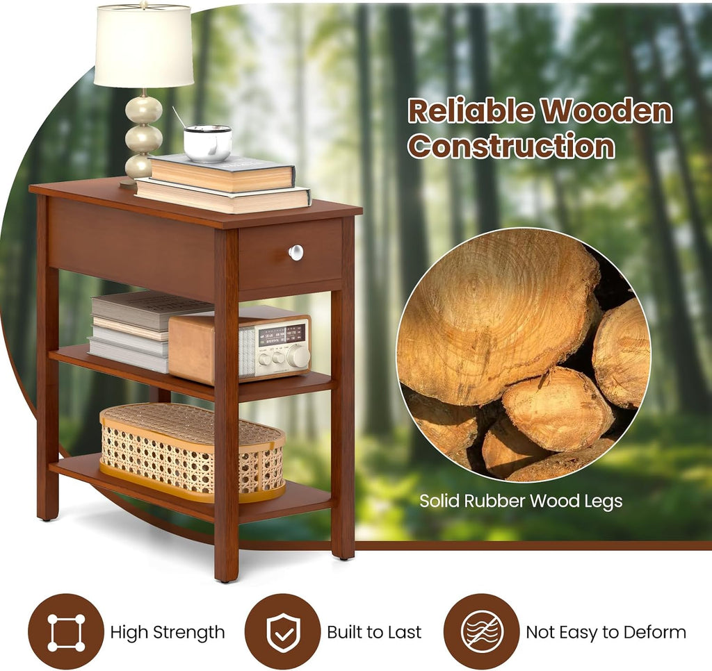 Giantex Narrow End Table Set of 2, Farmhouse Side Tables with Drawer & Storage Shelves, Wood Sofa Side Tables, 3-Tier Nightstands for Small Space, Living Room, Bedroom, 23.5'L x 12'W x 24.5'H, Brown