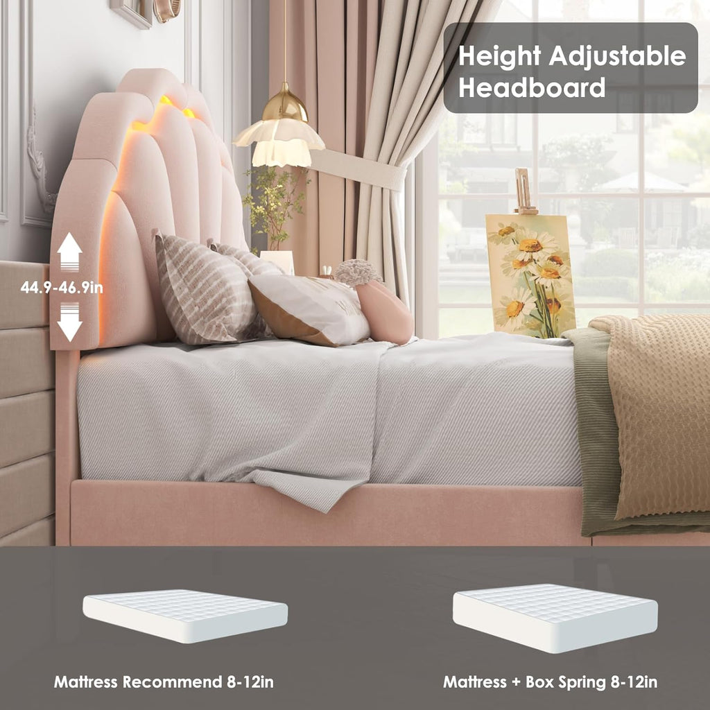 HIFIT Full Upholstered Smart LED Bed Frame with Adjustable Chic Petal Headboard, Princess Full Size Platform Bed Frames for Girls, Wooden Slats Support, No Box Spring Needed, Easy Assembly, Pink